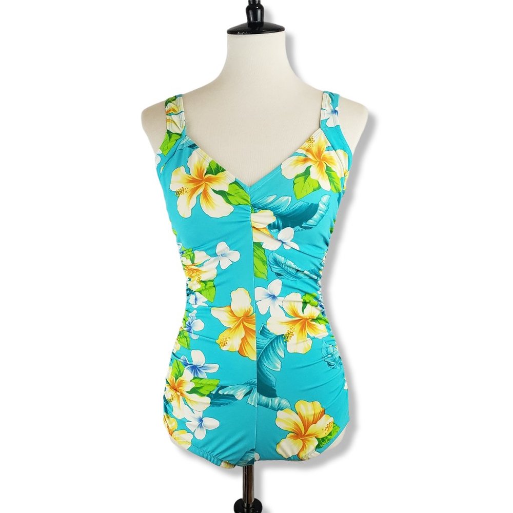 Gabar Vintage 90's Blue Tropical Scrunched Waist Onepiece Size 12